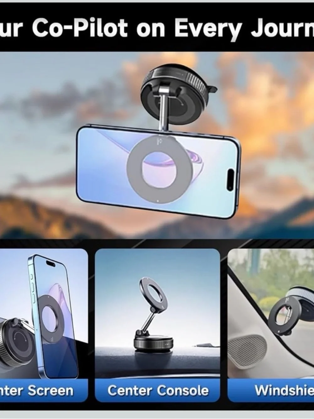 Universal Black Magnetic Phone Mount with Rotating Ring and Foldable Arm K007